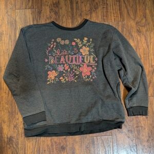 Natural Life Life is Beautiful Sweatshirt Pockets Charcoal Size M